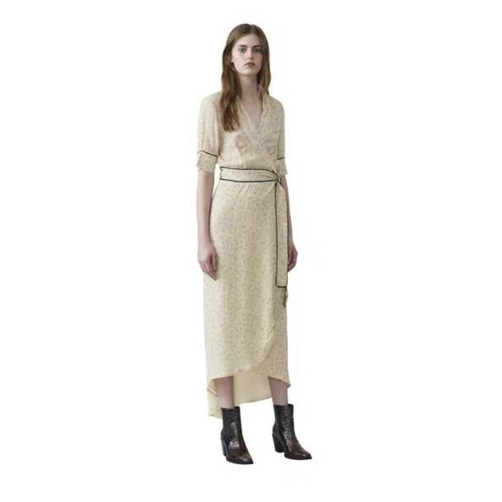 Ganni Floral Print Wrap Dress Maxi Black Trim Cream Women's